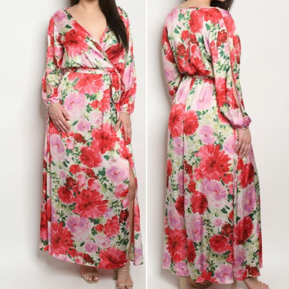 IVORY RED W/FLOWERS MAXI DRESS - Picture 1 of 7